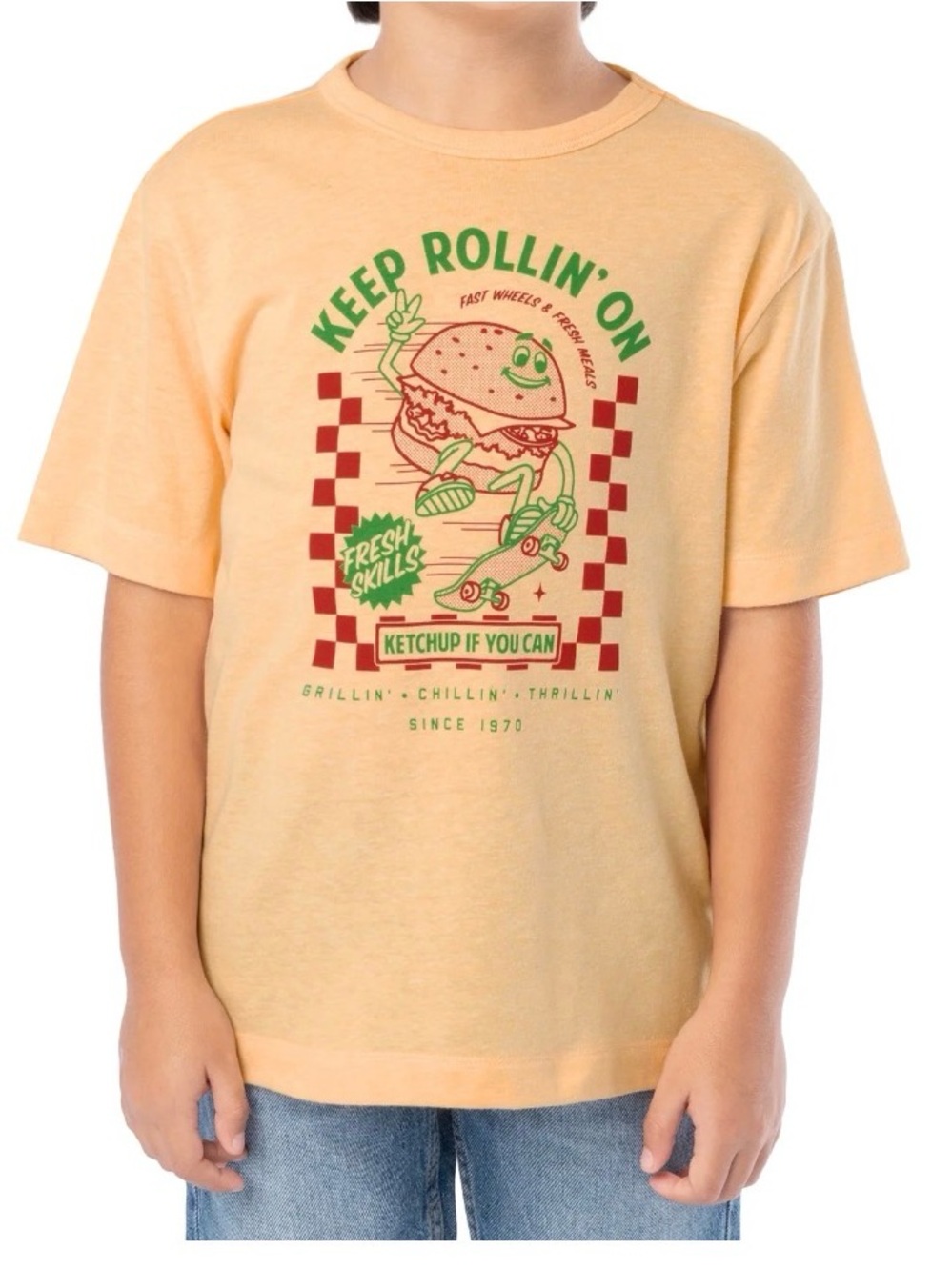 Kids Graphic Tee - Yellow 'Keep Rollin' On' Burger Skate Design